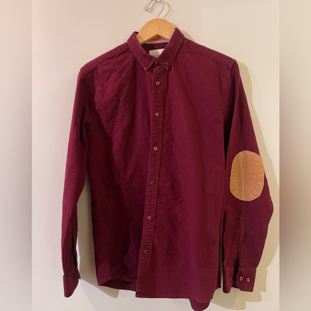 Elan Maroon Button Down Shirt with Tan Elbow Patch